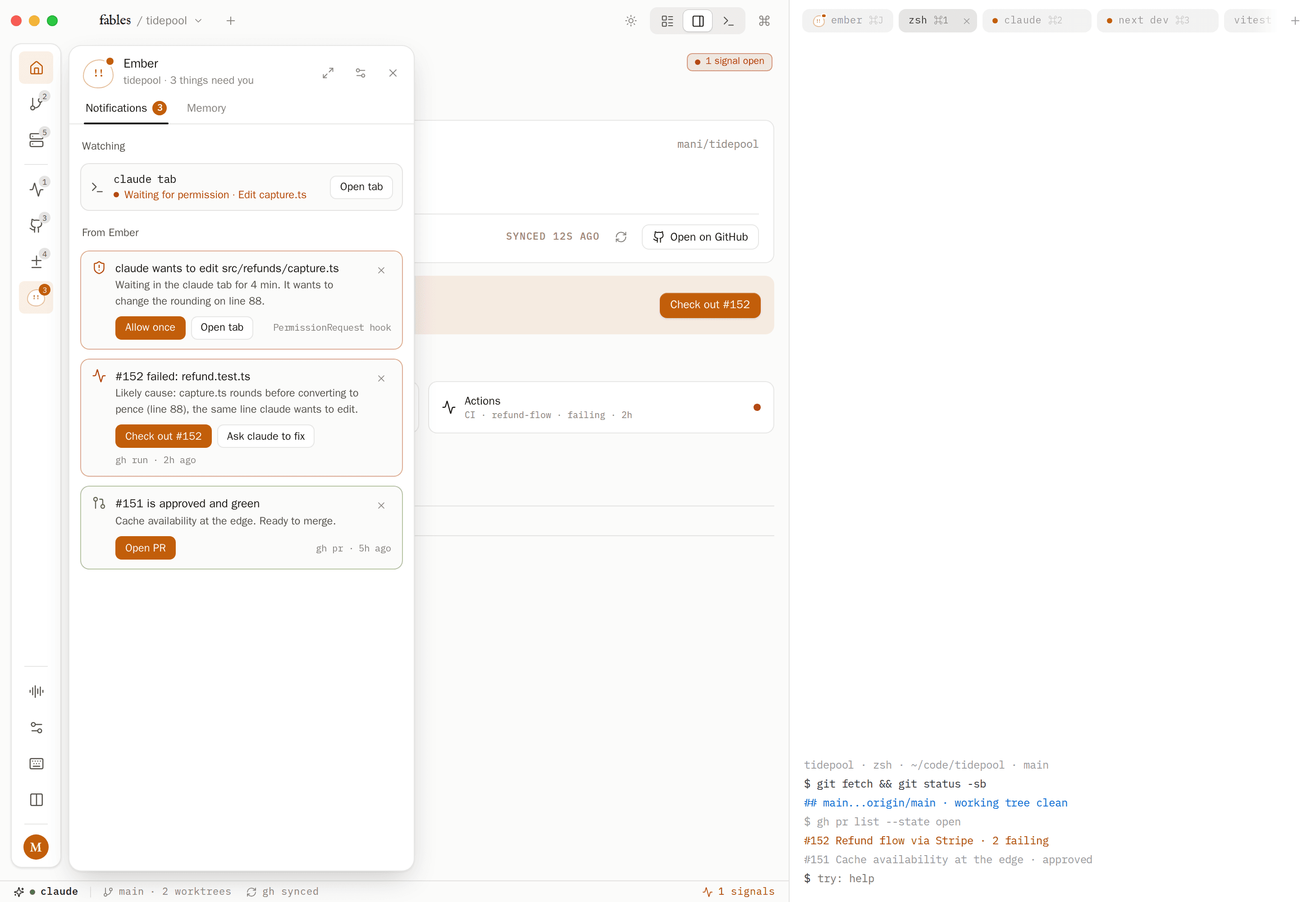 fables in Split mode: the project on the left, its terminal tabs docked right