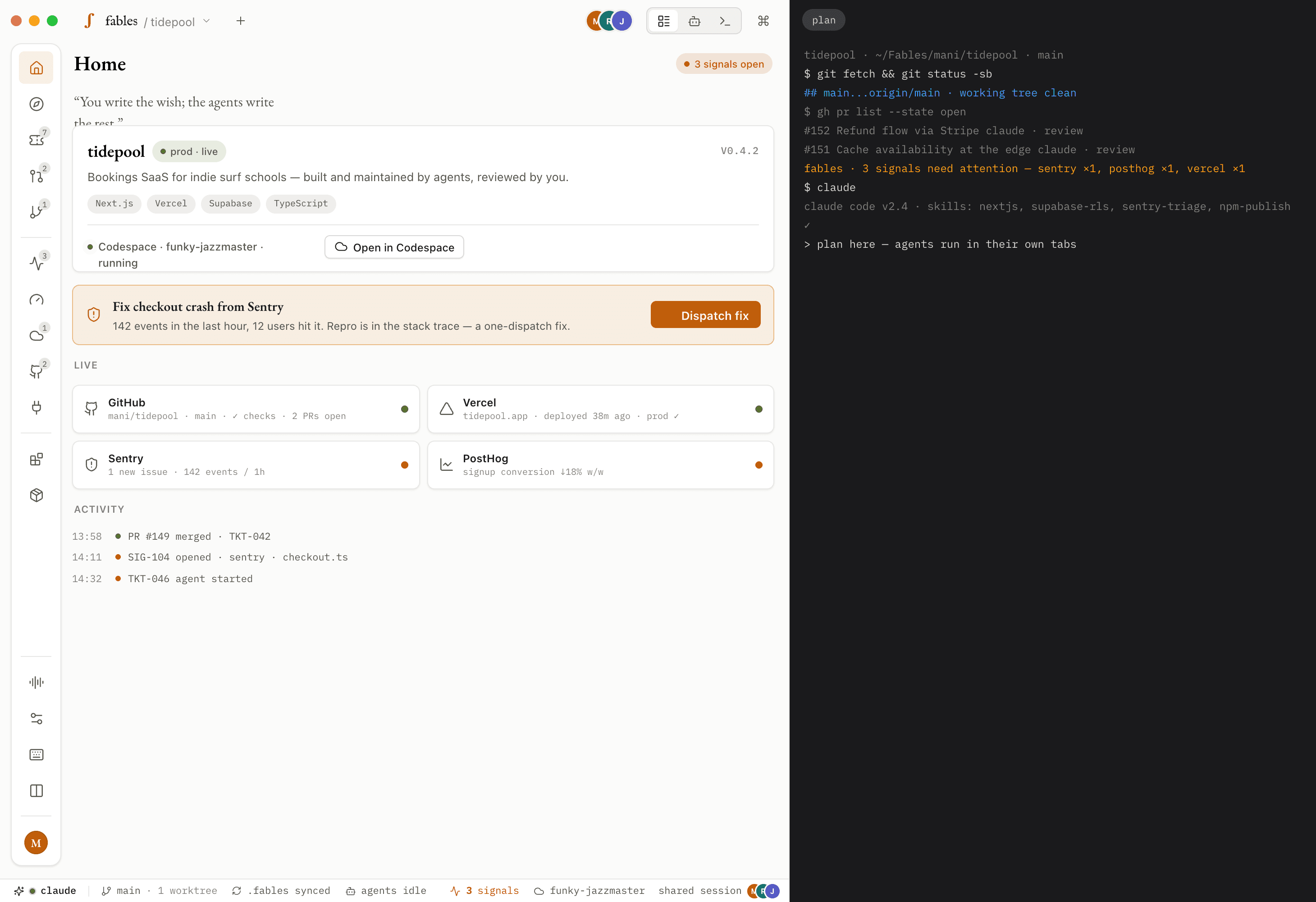 fables in Plan mode — the project, live signals and the terminal docked right